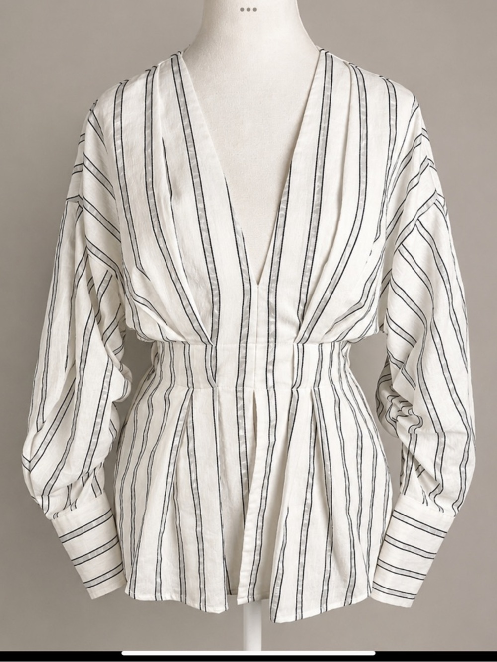 C/MEO Collective Soft White Sheer Pinstripe Peplum Blouse XS Ruched Balloon Slee